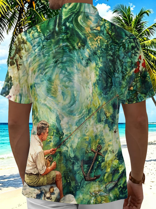 Watercolor Retro Fishing Men's Pocket Short Sleeve Shirts