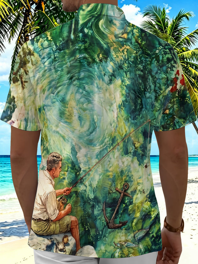 Watercolor Retro Fishing Men's Pocket Short Sleeve Shirts