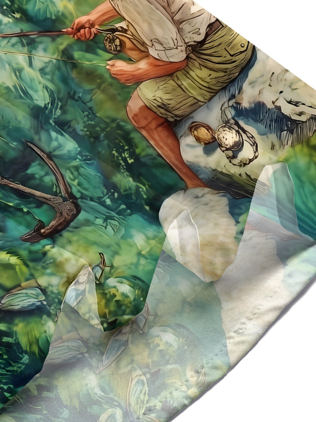 Watercolor Retro Fishing Men's Pocket Short Sleeve Shirts