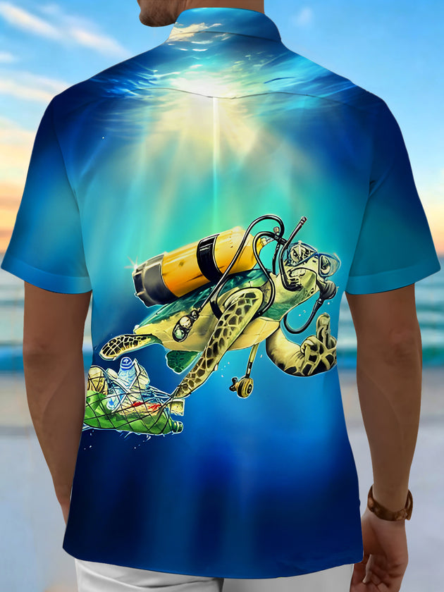 Fun Ocean Environmental Diving Turtle Men's Pocket Short Sleeve Shirts