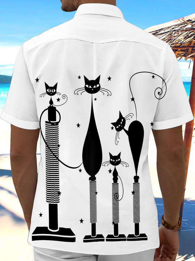 Retro Cartoon Black Cat Men's Pocket Short Sleeve Shirts