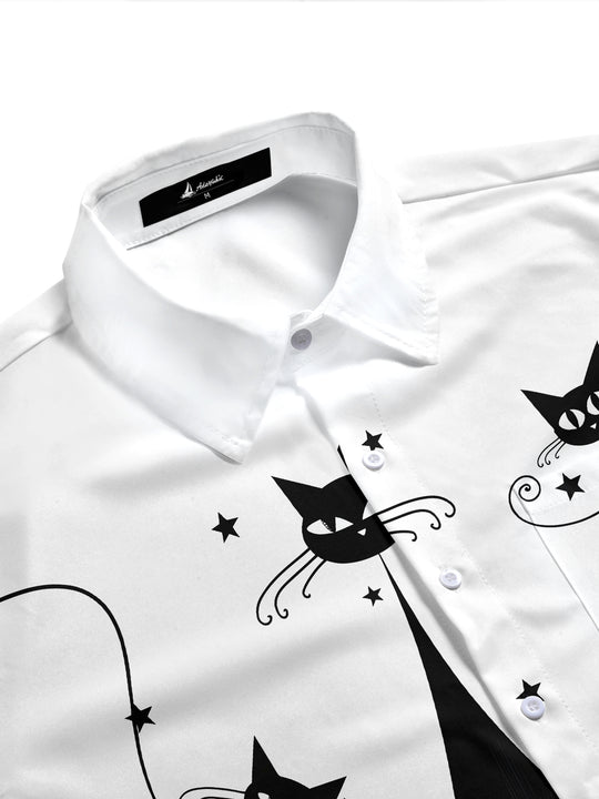 Retro Cartoon Black Cat Men's Pocket Short Sleeve Shirts