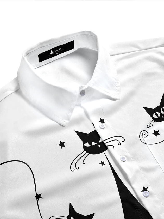 Retro Cartoon Black Cat Men's Pocket Short Sleeve Shirts