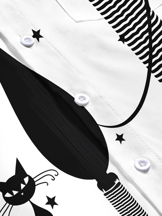 Retro Cartoon Black Cat Men's Pocket Short Sleeve Shirts
