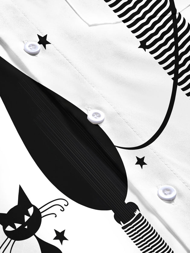 Retro Cartoon Black Cat Men's Pocket Short Sleeve Shirts