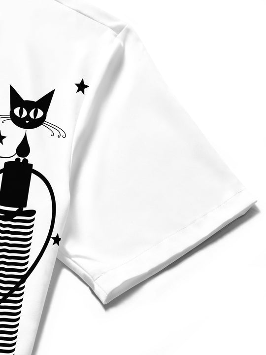 Retro Cartoon Black Cat Men's Pocket Short Sleeve Shirts