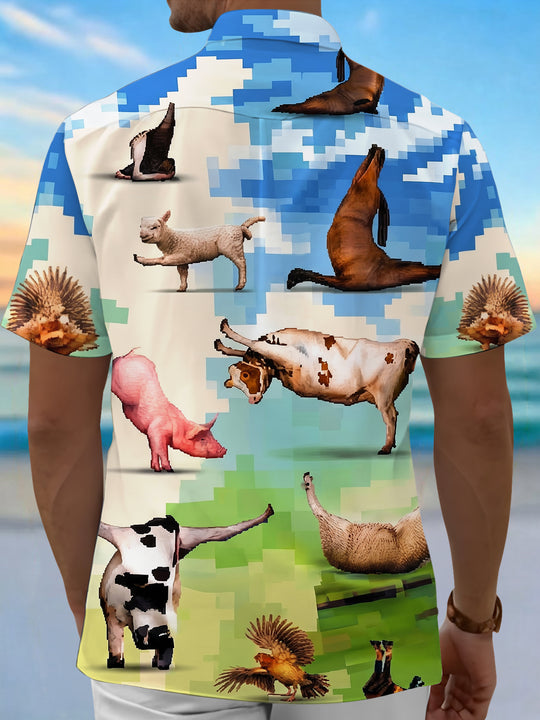 Fun Pixel Farm Animals Men's Pocket Short Sleeve Shirts