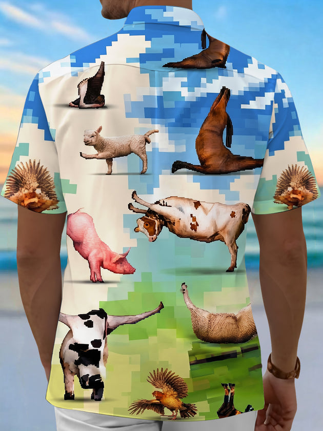 Fun Pixel Farm Animals Men's Pocket Short Sleeve Shirts
