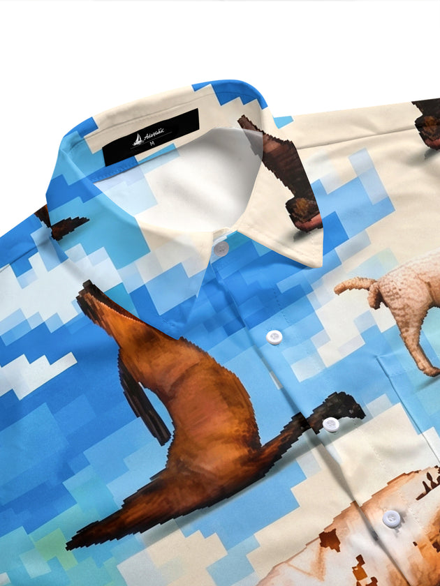 Fun Pixel Farm Animals Men's Pocket Short Sleeve Shirts
