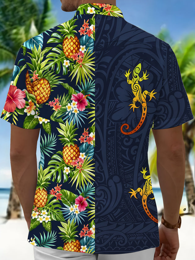Hawaiian Tribal Lizard Pineapple Tropical Men's Pocket Short Sleeve Shirts