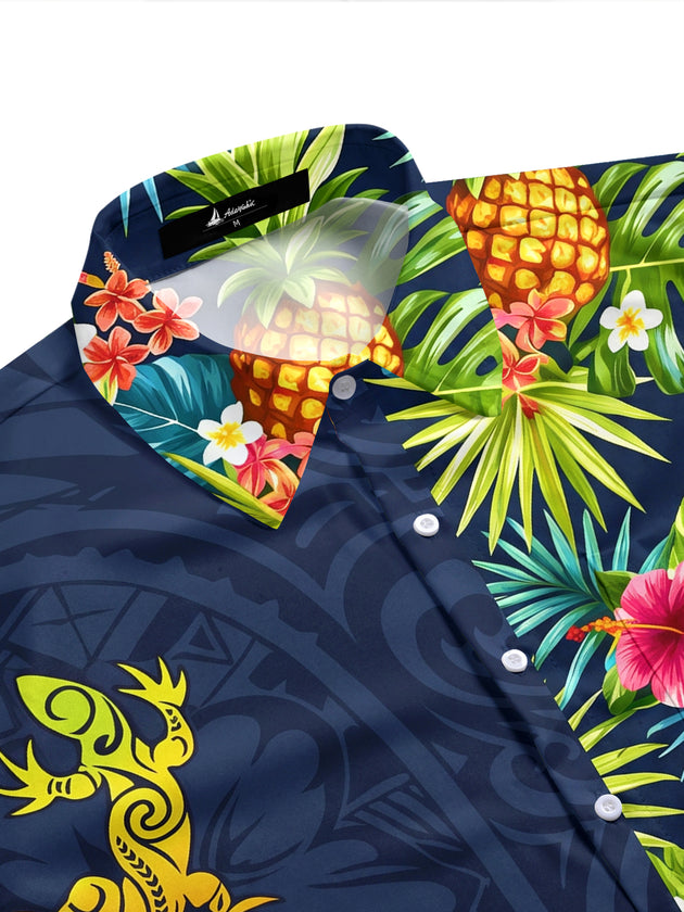 Hawaiian Tribal Lizard Pineapple Tropical Men's Pocket Short Sleeve Shirts