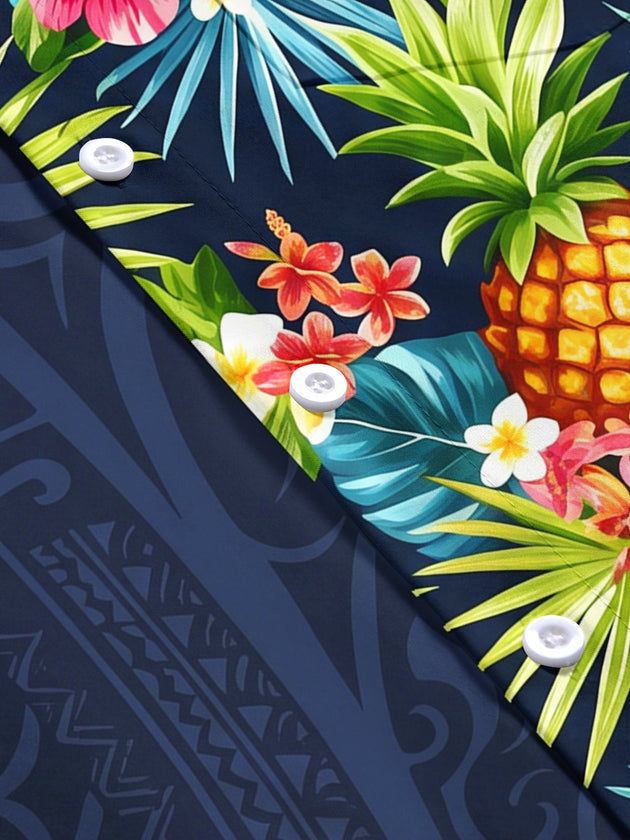 Hawaiian Tribal Lizard Pineapple Tropical Men's Pocket Short Sleeve Shirts