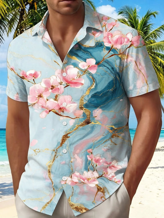 Art Gilded Abstract Cherry Blossom Marble Men's Pocket Short Sleeve Shirts