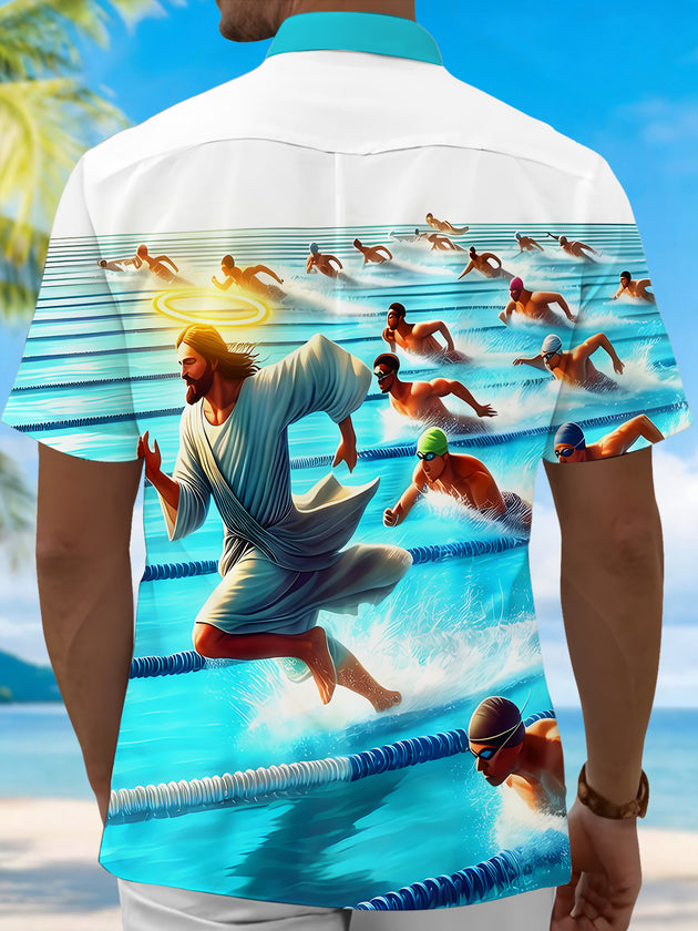 Fun Jesus Swimming Race Religious Men's Pocket Short Sleeve Shirts