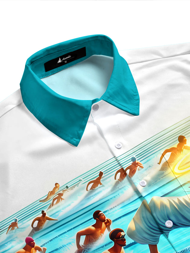 Fun Jesus Swimming Race Religious Men's Pocket Short Sleeve Shirts