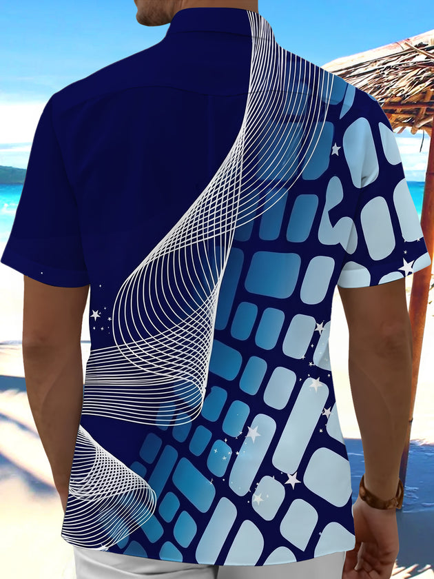 Blue Geometric Lines & Star Men's Pocket Short Sleeve Shirts