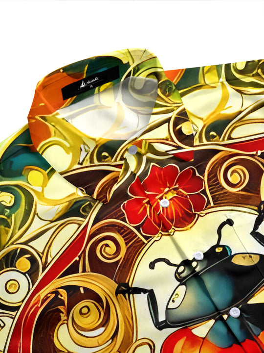 Ornate Floral Ladybug Men's Pocket Short Sleeve Shirts