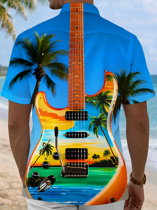 Hawaiian Beach Electric Guitar Men's Pocket Short Sleeve Shirts