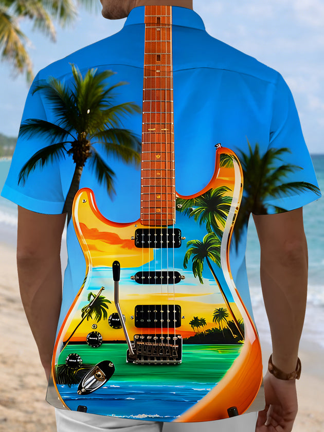 Hawaiian Beach Electric Guitar Men's Pocket Short Sleeve Shirts