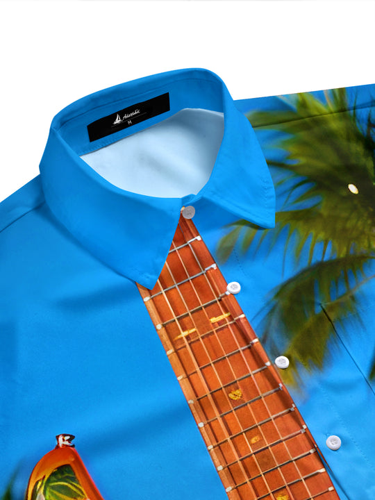 Hawaiian Beach Electric Guitar Men's Pocket Short Sleeve Shirts