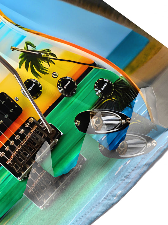 Hawaiian Beach Electric Guitar Men's Pocket Short Sleeve Shirts