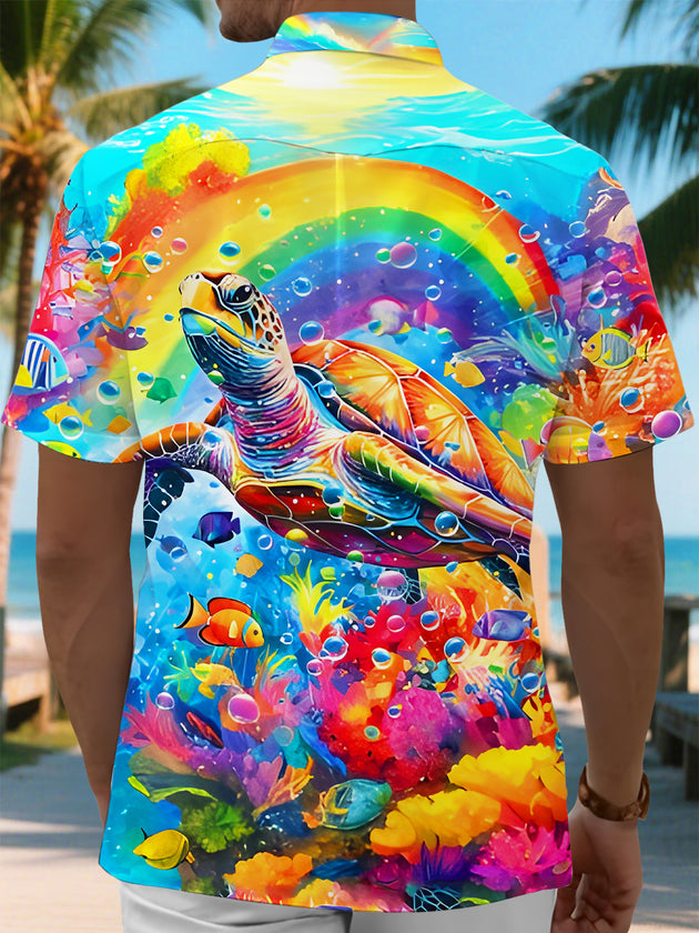 Hawaiian Colorful Turtle Ocean Men's Pocket Short Sleeve Shirts