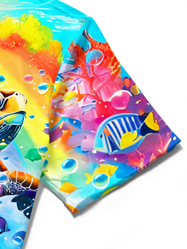 Hawaiian Colorful Turtle Ocean Men's Pocket Short Sleeve Shirts
