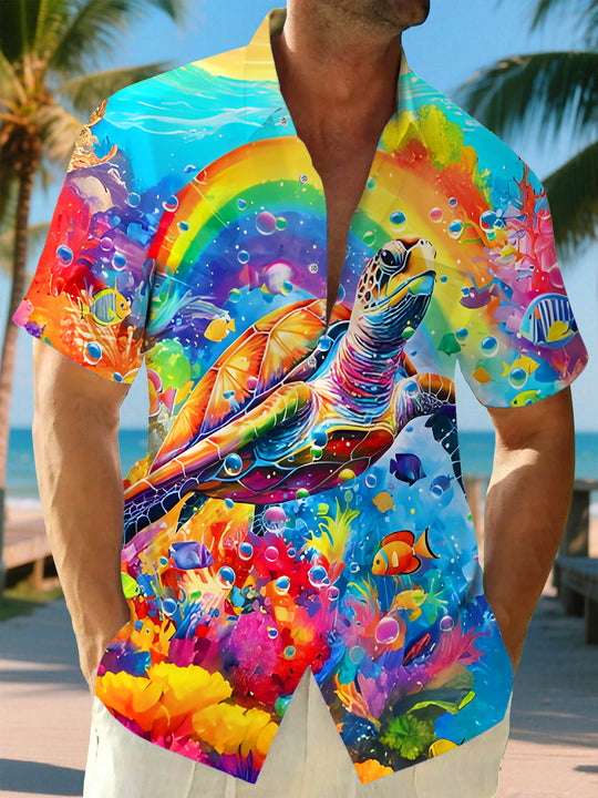 Hawaiian Colorful Turtle Ocean Men's Pocket Short Sleeve Shirts