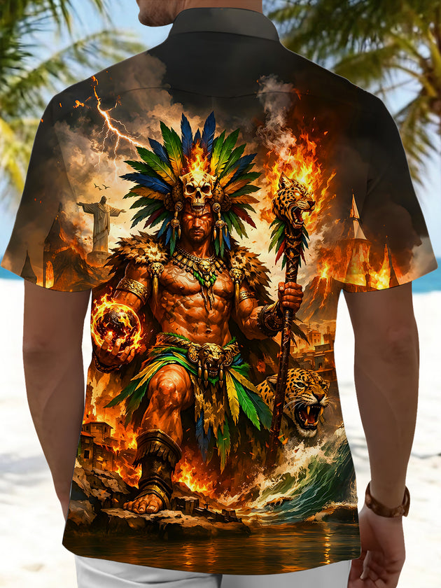 Dark Aztec Jaguar Warrior Fire Men's Pocket Short Sleeve Shirts
