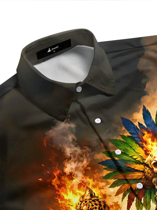 Dark Aztec Jaguar Warrior Fire Men's Pocket Short Sleeve Shirts