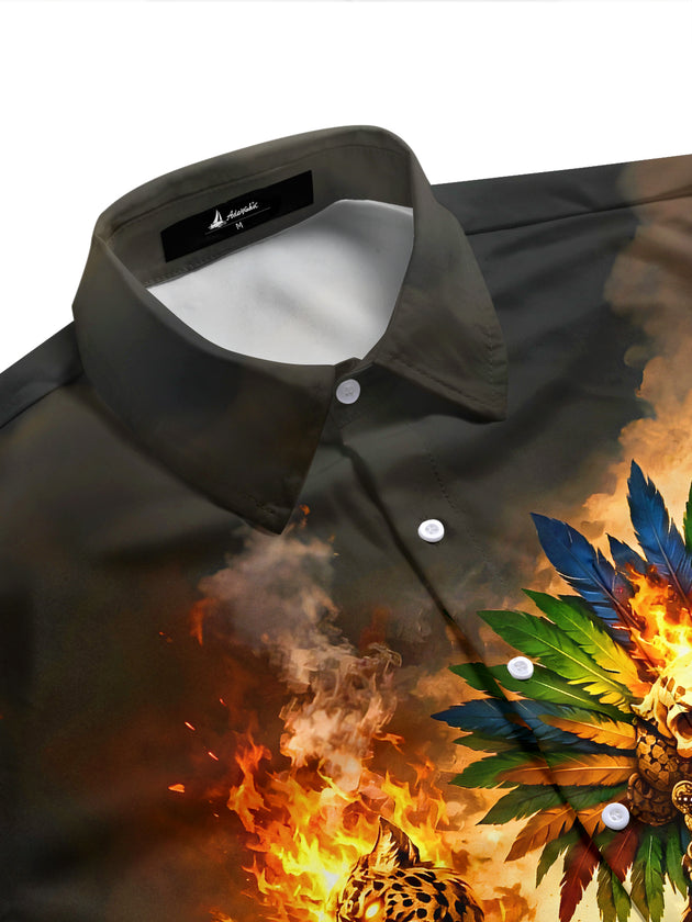 Dark Aztec Jaguar Warrior Fire Men's Pocket Short Sleeve Shirts