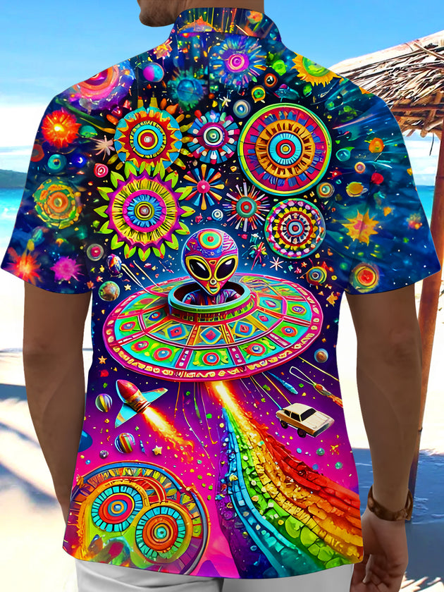 Psychedelic Colorful Hippie Alien UFO Men's Pocket Short Sleeve Shirts