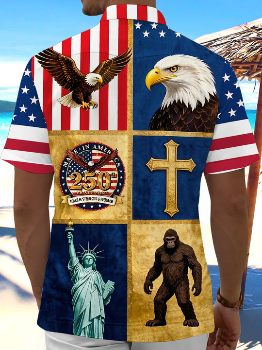 USA 250th Anniversary American Flag Eagle Statue Of Liberty Independence Day Men's Pocket Short Sleeve Shirts