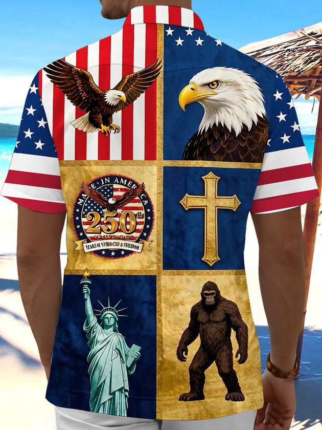 USA 250th Anniversary American Flag Eagle Statue Of Liberty Independence Day Men's Pocket Short Sleeve Shirts