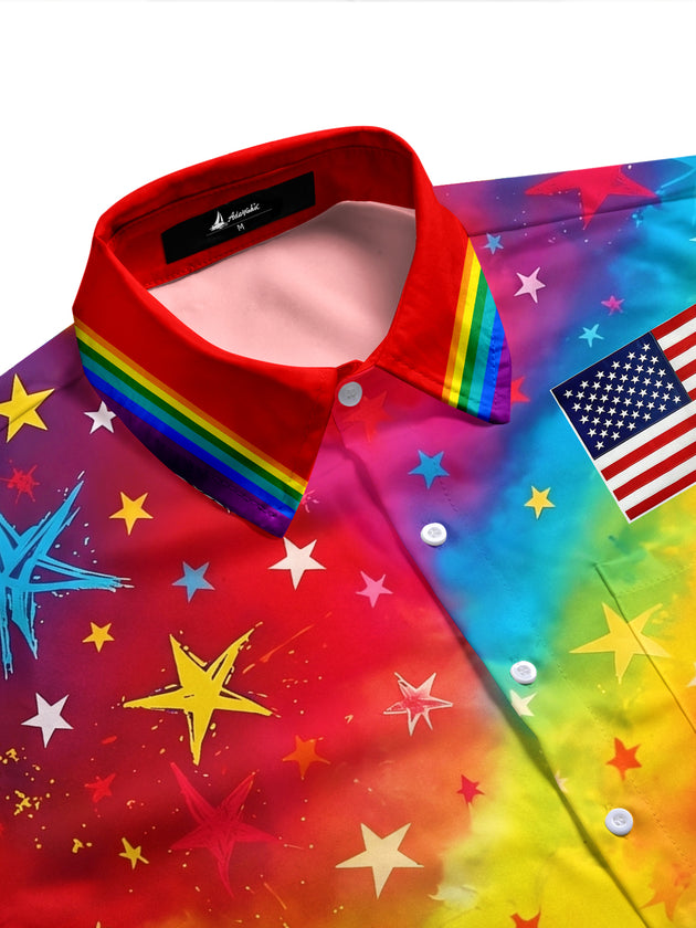 Pride Month Colorful Gradient Stars American Flag Men's Pocket Short Sleeve Shirts