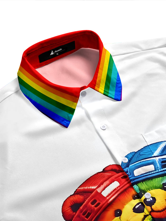 Pride Month Colorful Fun Hugging Hockey Bears Men's Pocket Short Sleeve Shirts