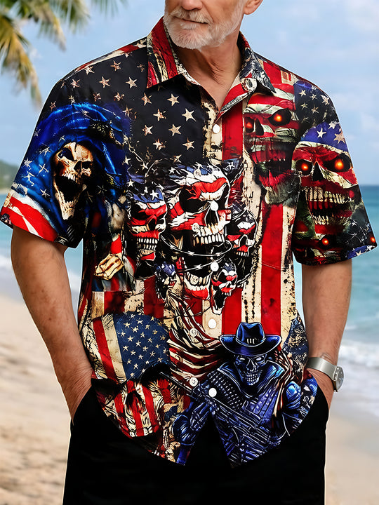 Dark American Flag Skull Independence Day Men's Pocket Short Sleeve Shirts