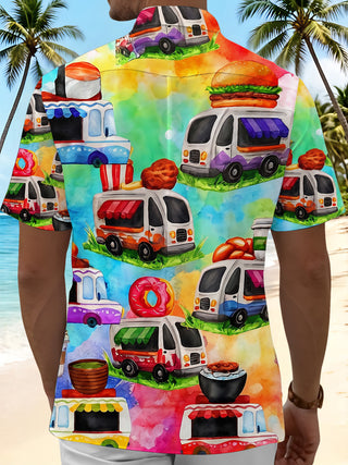 Hawaiian Watercolor Colorful Food Truck Men's Pocket Short Sleeve Shirts