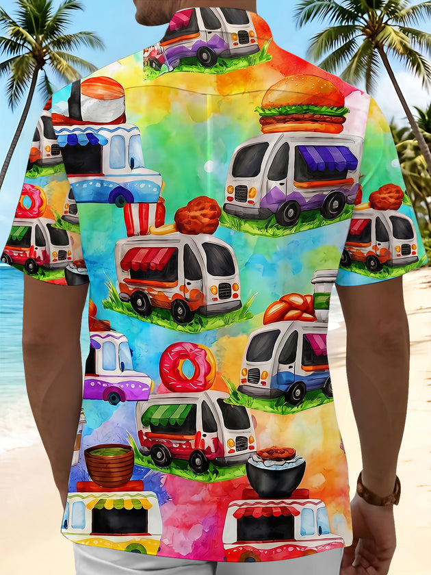 Hawaiian Watercolor Colorful Food Truck Men's Pocket Short Sleeve Shirts