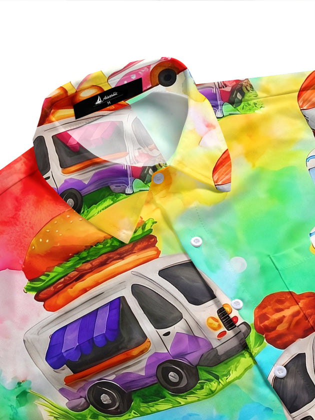 Hawaiian Watercolor Colorful Food Truck Men's Pocket Short Sleeve Shirts