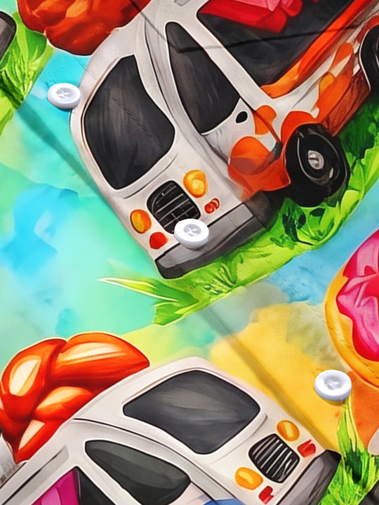 Hawaiian Watercolor Colorful Food Truck Men's Pocket Short Sleeve Shirts