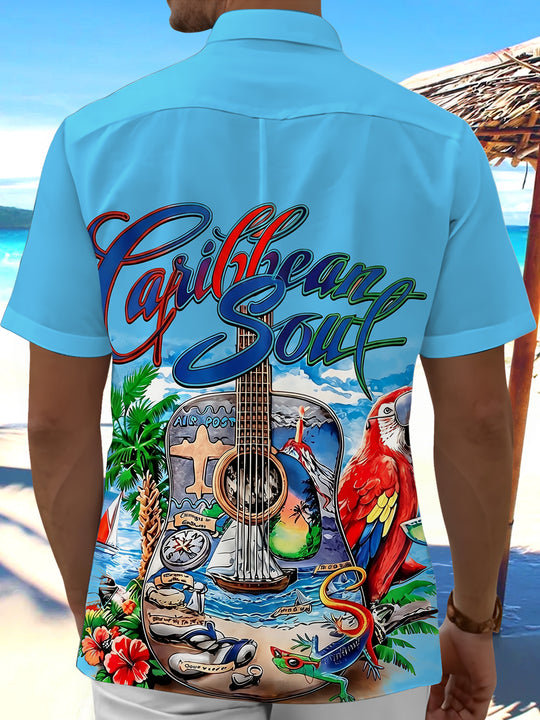 Hawaiian Caribbean Soul Guitar Parrot Men's Pocket Short Sleeve Shirts