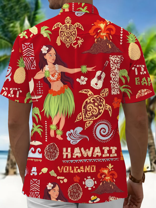 Red Hawaiian Hula Girl Men's Pocket Short Sleeve Shirts