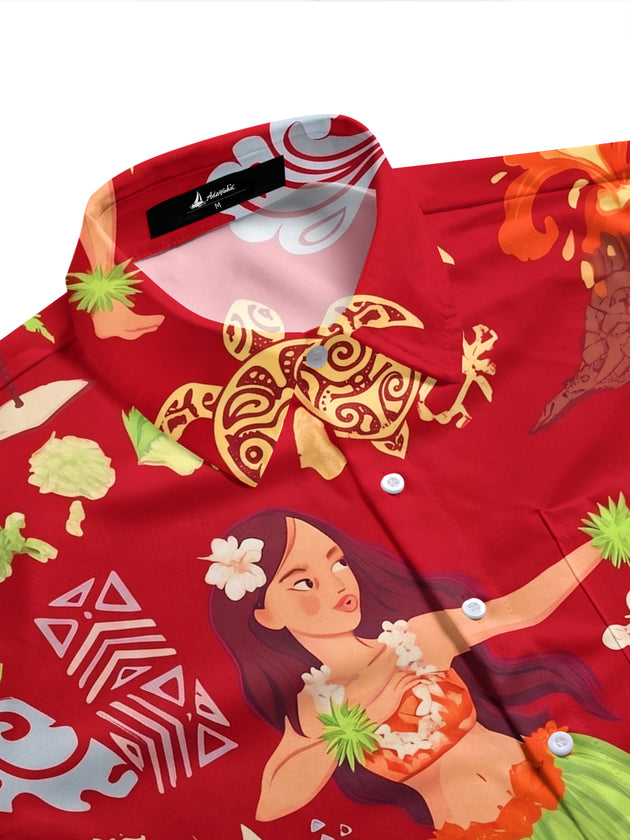 Red Hawaiian Hula Girl Men's Pocket Short Sleeve Shirts