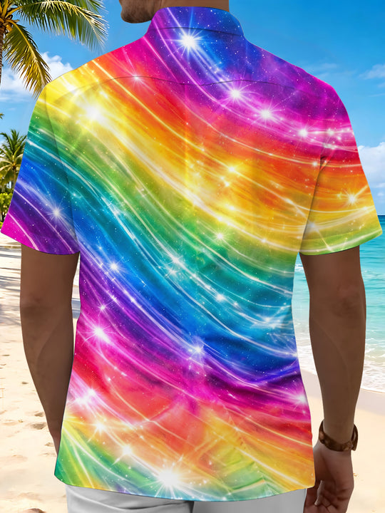 Pride Month Colorful Galaxy Sparkle Gradient Men's Pocket Short Sleeve Shirts