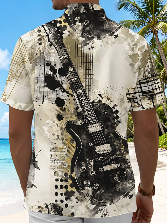 Retro Guitar Music Note Art Men's Pocket Short Sleeve Shirts