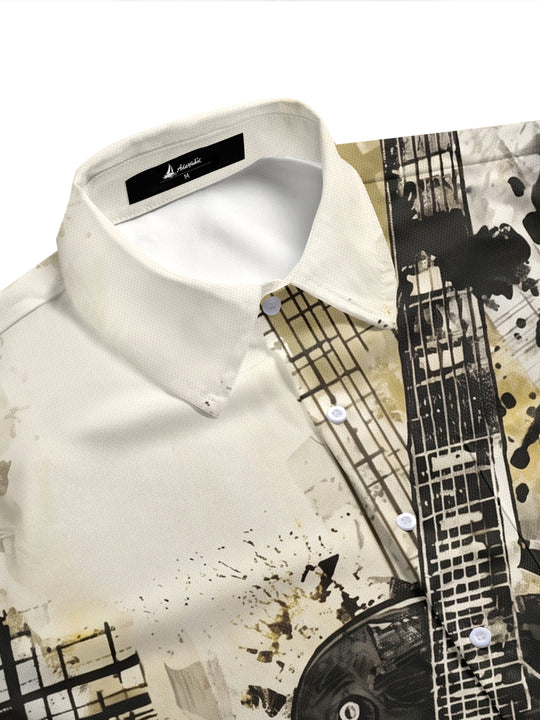 Retro Guitar Music Note Art Men's Pocket Short Sleeve Shirts
