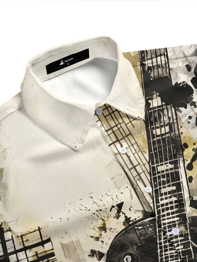 Retro Guitar Music Note Art Men's Pocket Short Sleeve Shirts