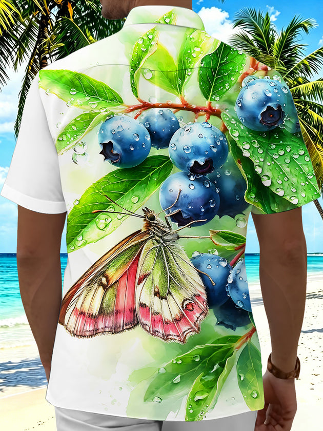 Watercolor Blueberry And Butterfly Men's Pocket Short Sleeve Shirts