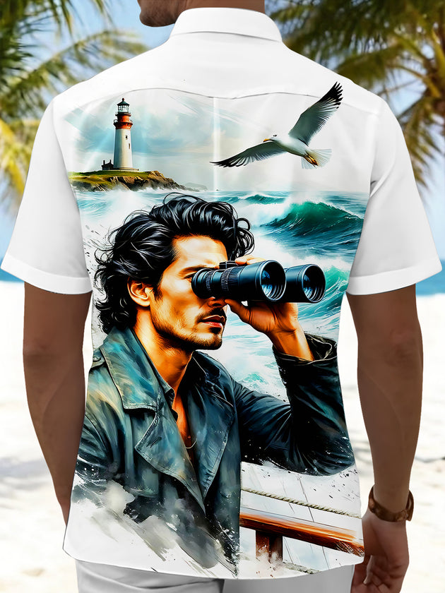 Seaside Lighthouse Sailor Adventure Men's Pocket Short Sleeve Shirts